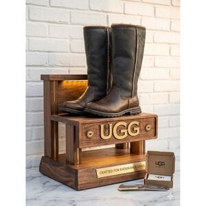 Rare 🖤🤎🖤UGG rugged Sunburst Tall Bomber Leather  sheepskin Boots Brown -7‎